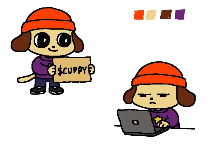 Orange-hatted character working at a laptop